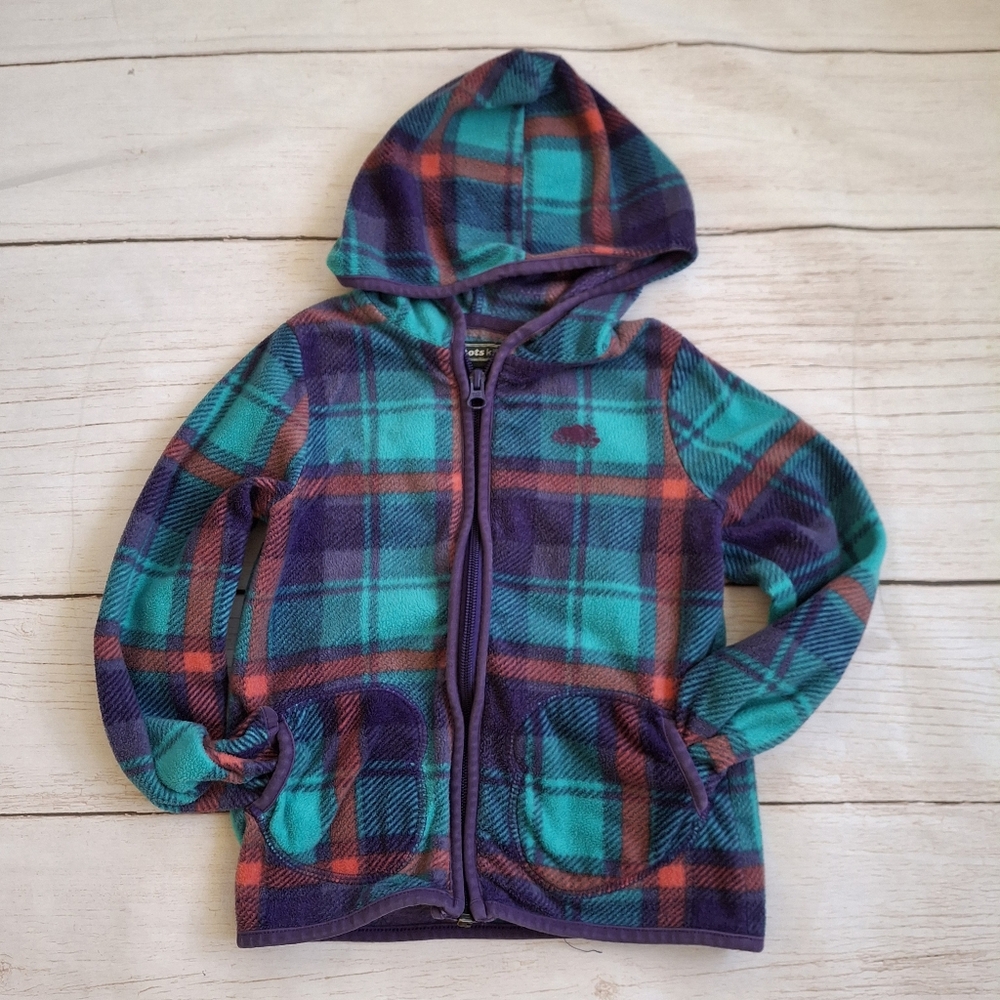Roots Kids 5T Purple Plaid Fleece Zip Up Hoodie